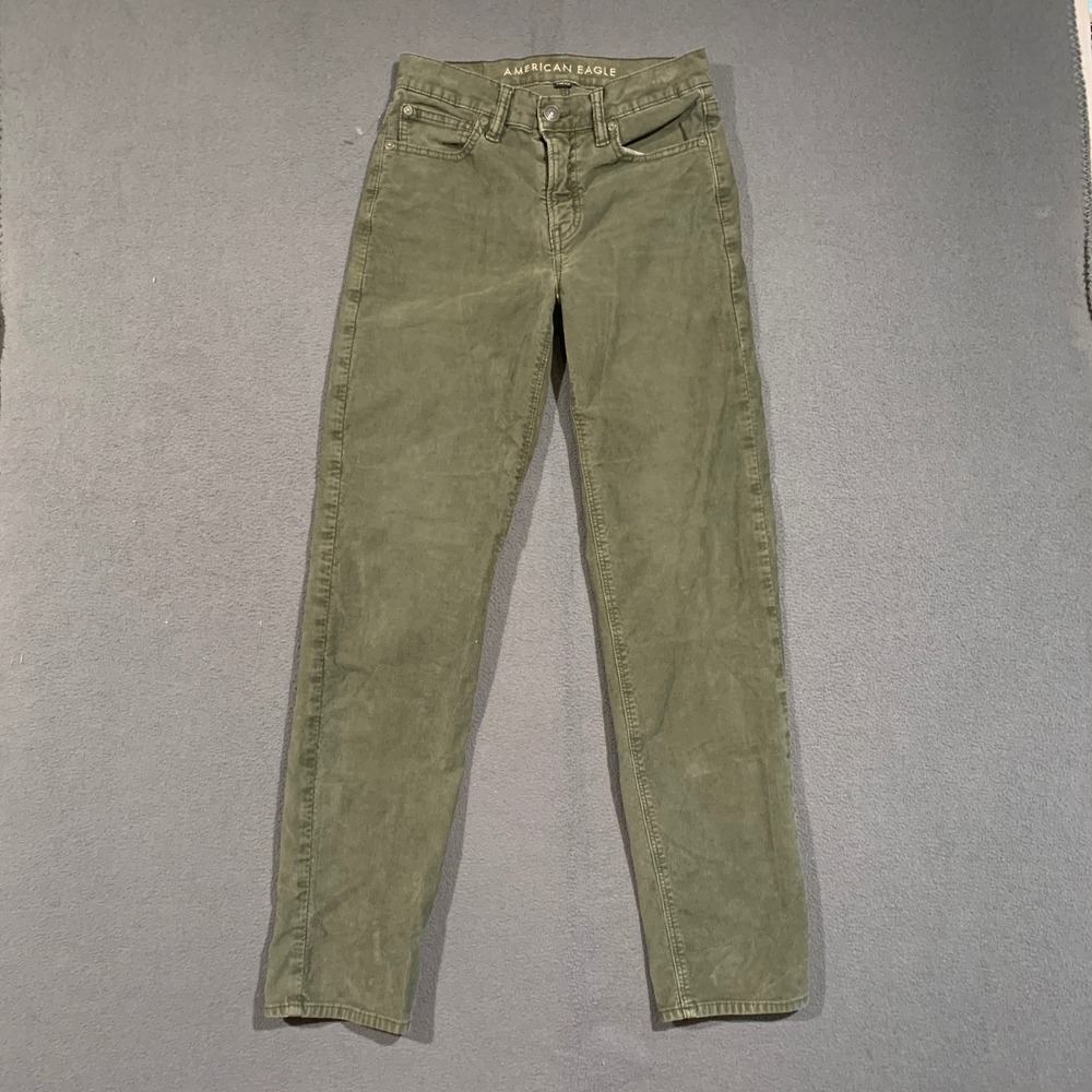 American Eagle Corduroy Pants Women 0 Olive Green 90s Straight Stretch Trousers